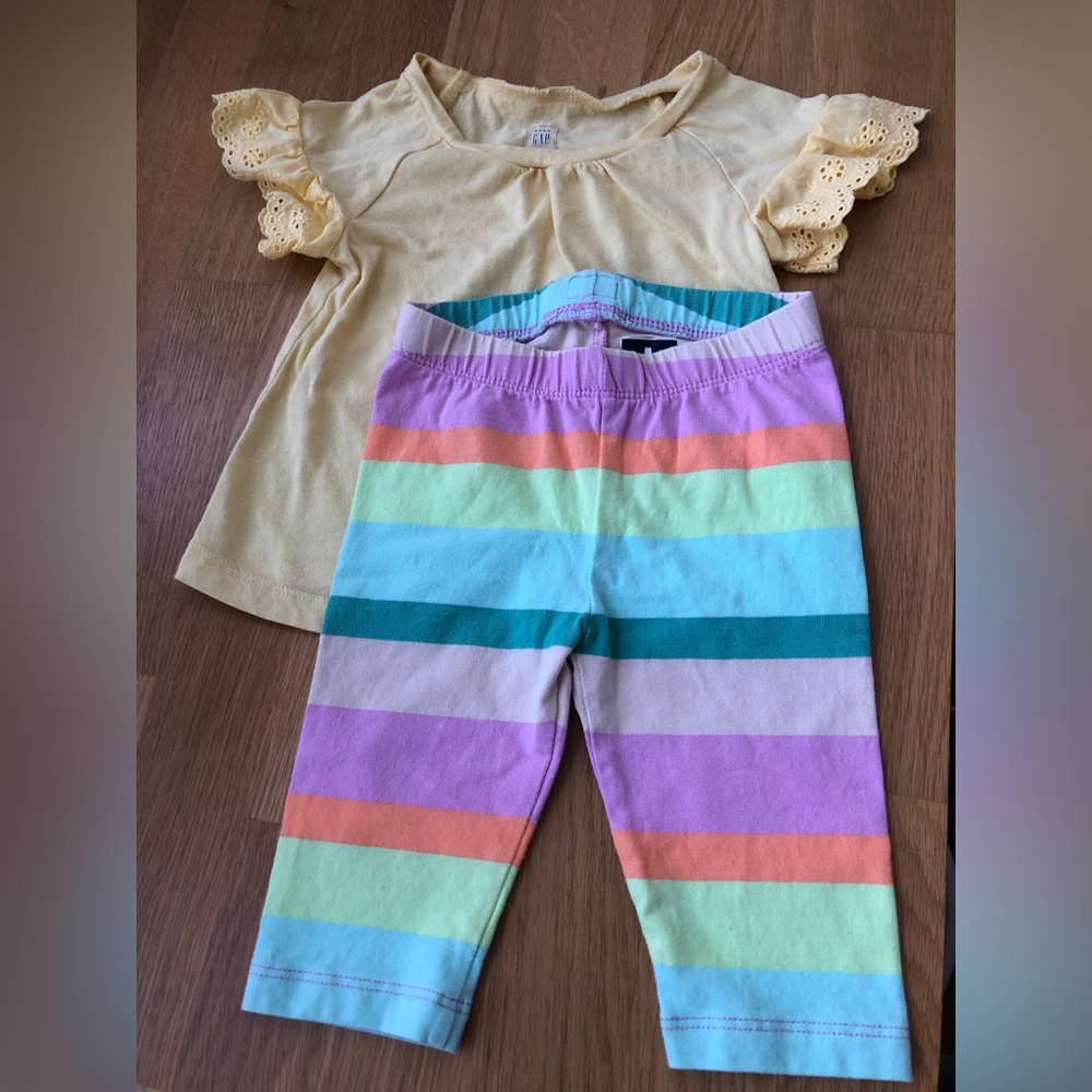 (12-18m) GAP Yellow Eyelet Ruffle Sleeve Shirt and Colourful Stripey Leggings